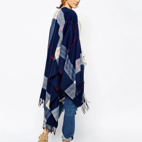 Ganni Fringed Poncho in Navy Check - Picture 3 of 8